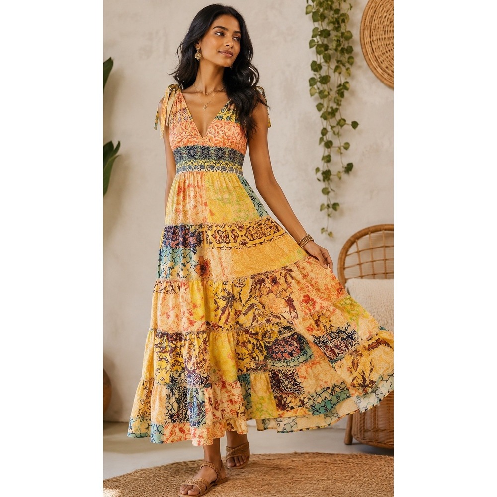Anthropologie Patchwork Maxi Homecoming Dress NWT Med 100% Cotton - Picture 2 of 14